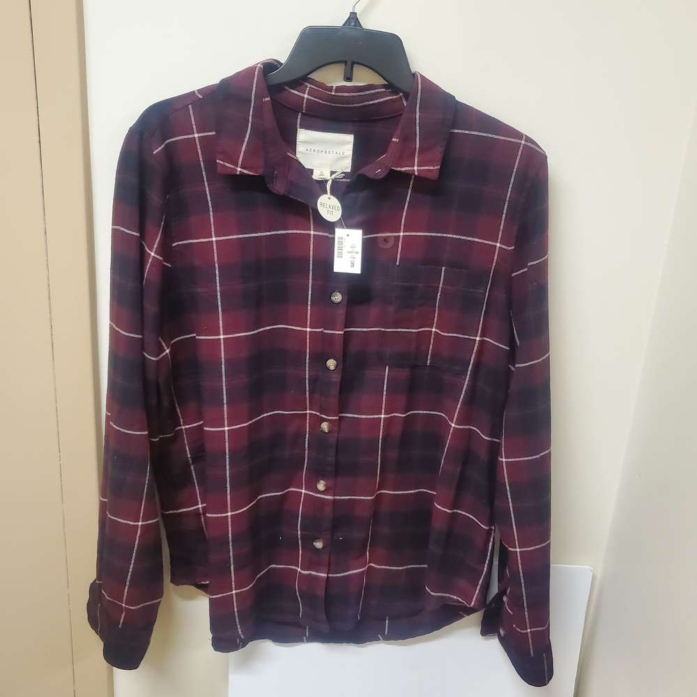 NEW Aeropostale Flannel Button Up Shirt Womens XL Long Sleeve Plurple Checkered